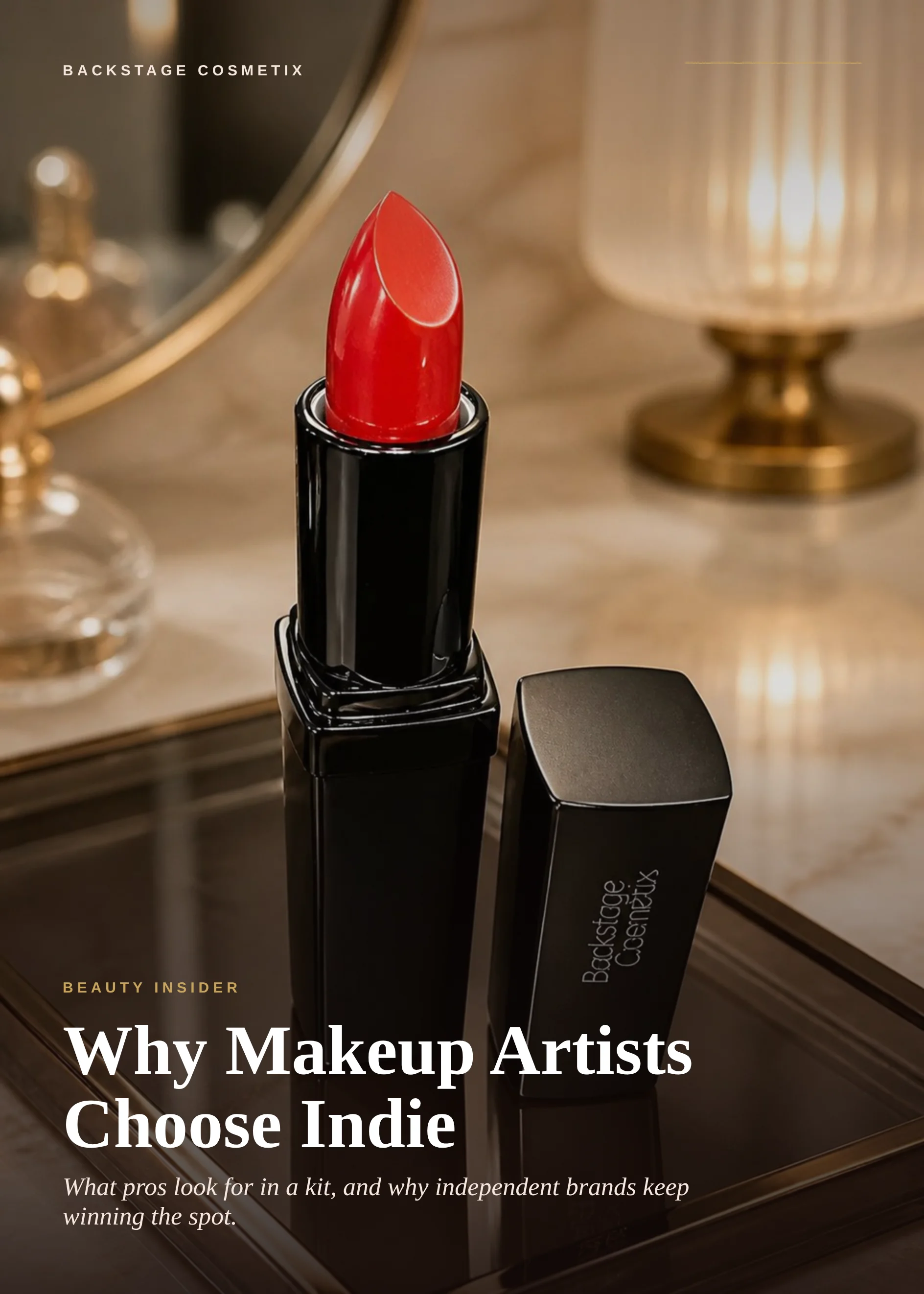 Bold red lipstick and pink glitter gloss on a backstage vanity